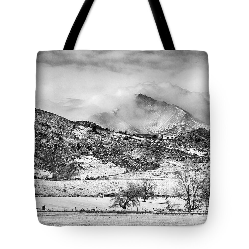 Longs Peak Tote Bag featuring the photograph Meeker and Longs Peak in Winter Clouds BW by James BO Insogna