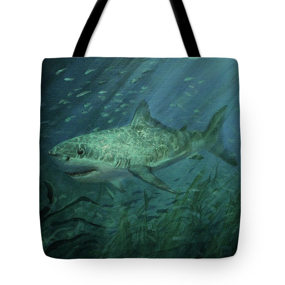 Shark Tote Bag featuring the painting Megadolon Shark by Tom Shropshire