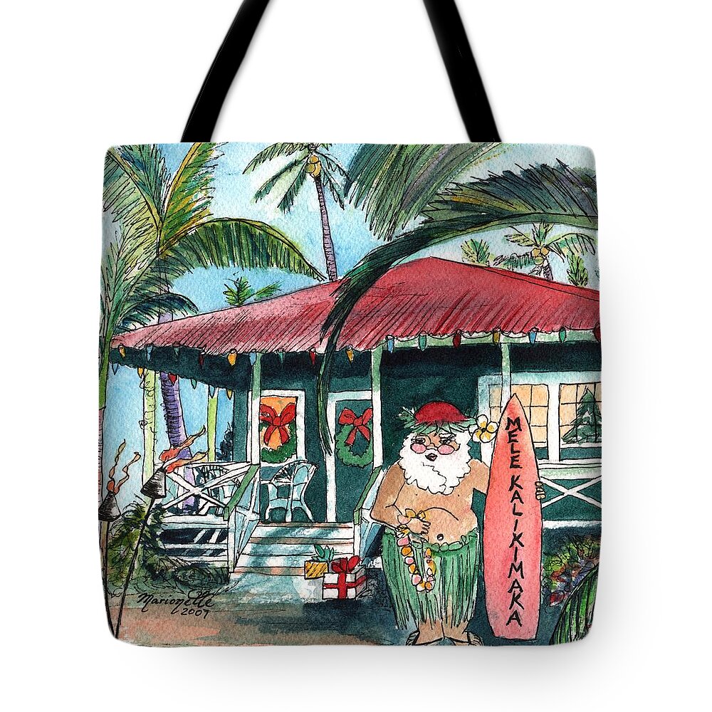 Hawaiian Santa Tote Bag featuring the painting Mele Kalikimaka Hawaiian Santa by Marionette Taboniar