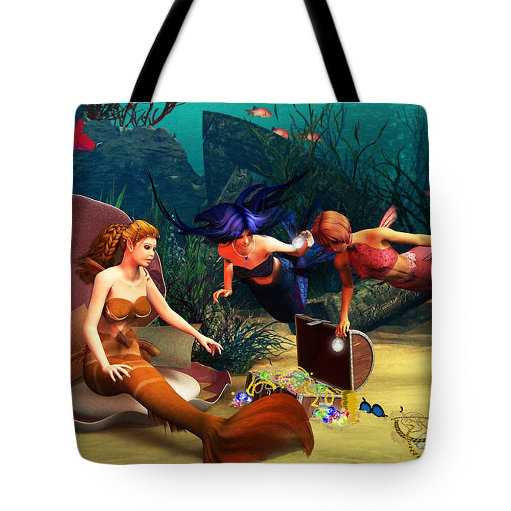 Mermaid Treasures Tote Bag featuring the painting Mermaid Treasures by Two Hivelys
