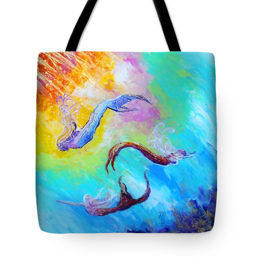 Mermaid Tote Bag featuring the painting Mermaids by Marionette Taboniar