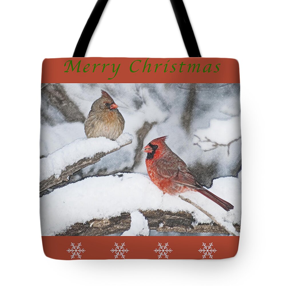 Cardinal Tote Bag featuring the photograph Merry Christmas Pair of Cardinals by Michael Peychich