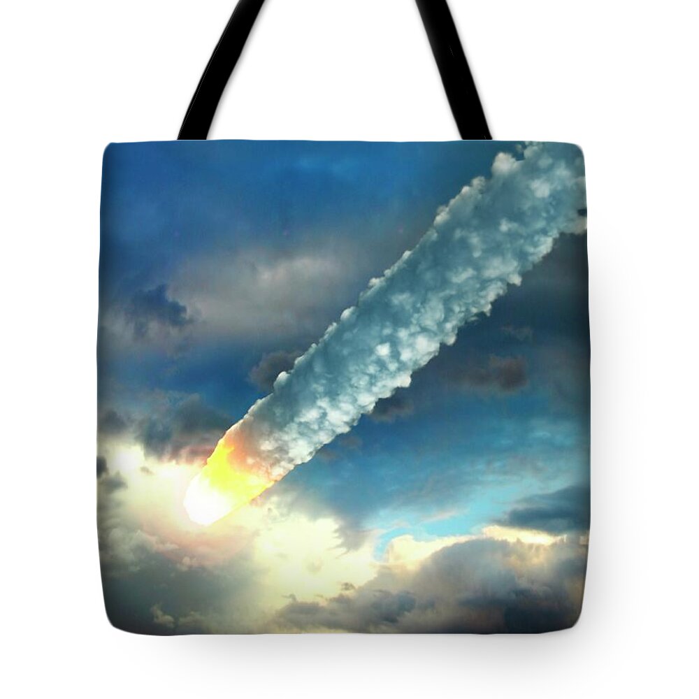 Risk Tote Bag featuring the digital art Meteor In The Earths Atmosphere, Artwork by Roger Harris