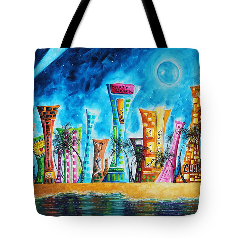 Miami Tote Bag featuring the painting Miami City South Beach Original Painting Tropical Cityscape Art MIAMI NIGHT LIFE by MADART Absolut X by Megan Duncanson