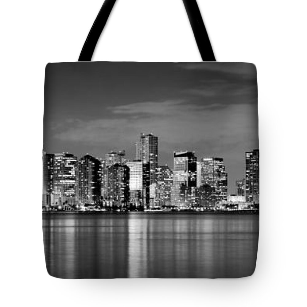 Miami Tote Bag featuring the photograph Miami Skyline at Dusk Black and White BW Panorama by Jon Holiday