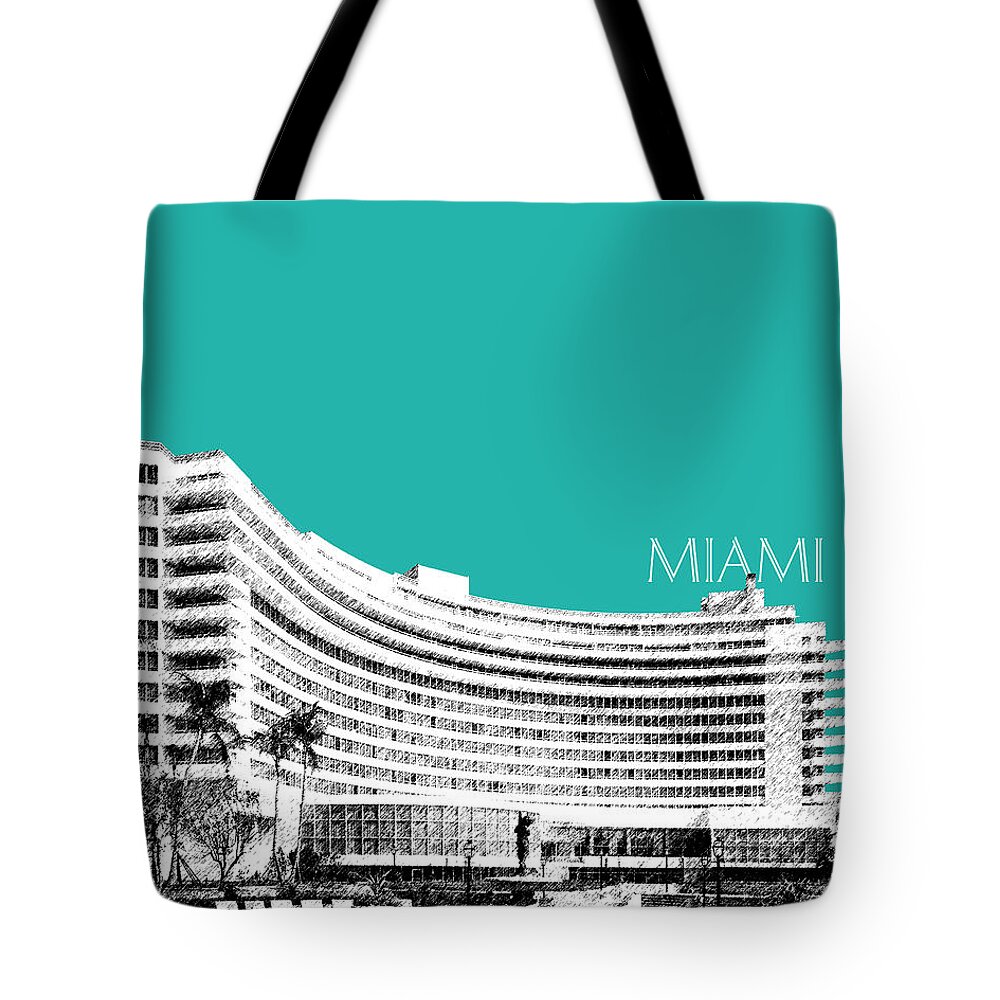 Architecture Tote Bag featuring the digital art Miami Skyline Fontainebleau Hotel - Teal by DB Artist