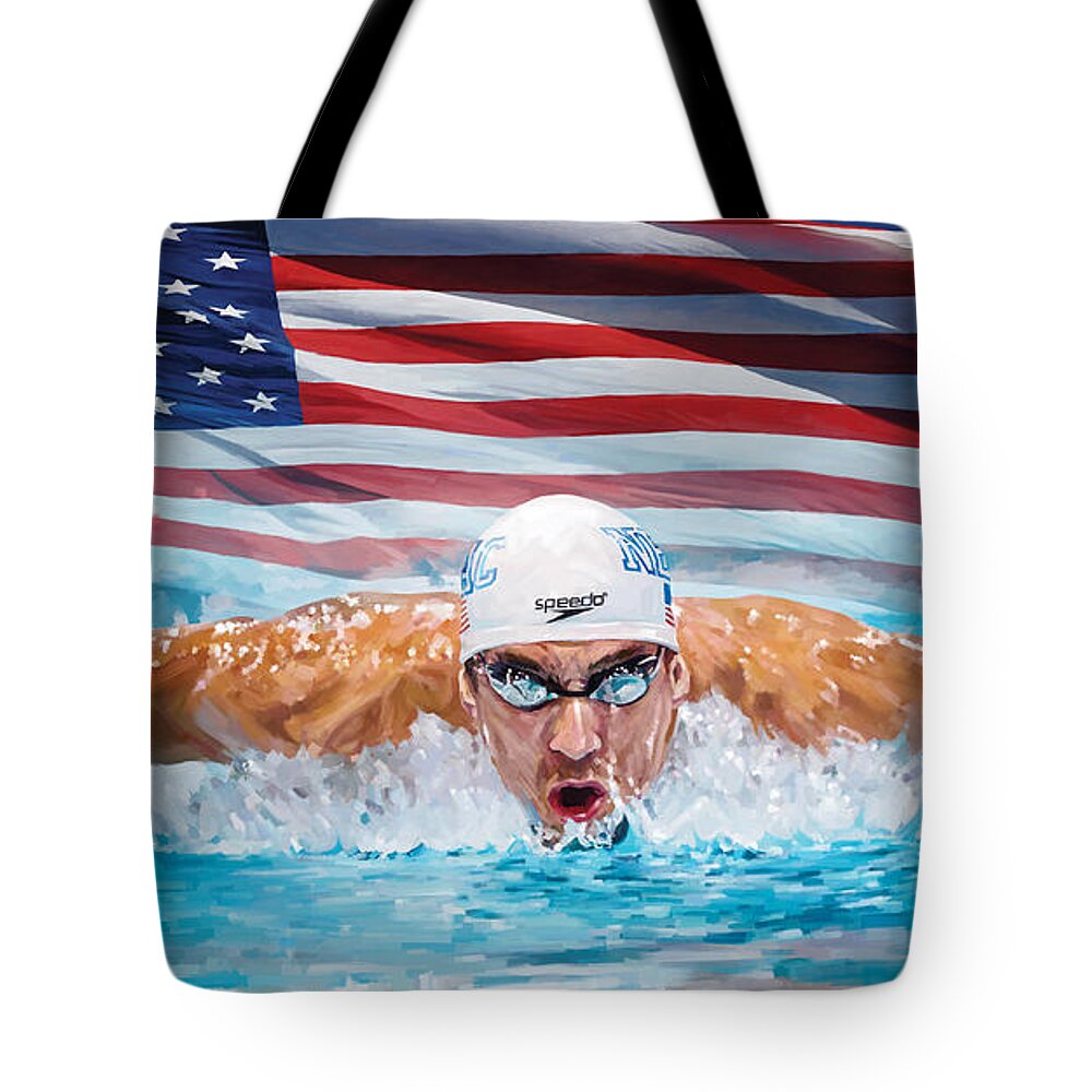 Michael Phelps Paintings Tote Bag featuring the painting Michael Phelps Artwork by Sheraz A