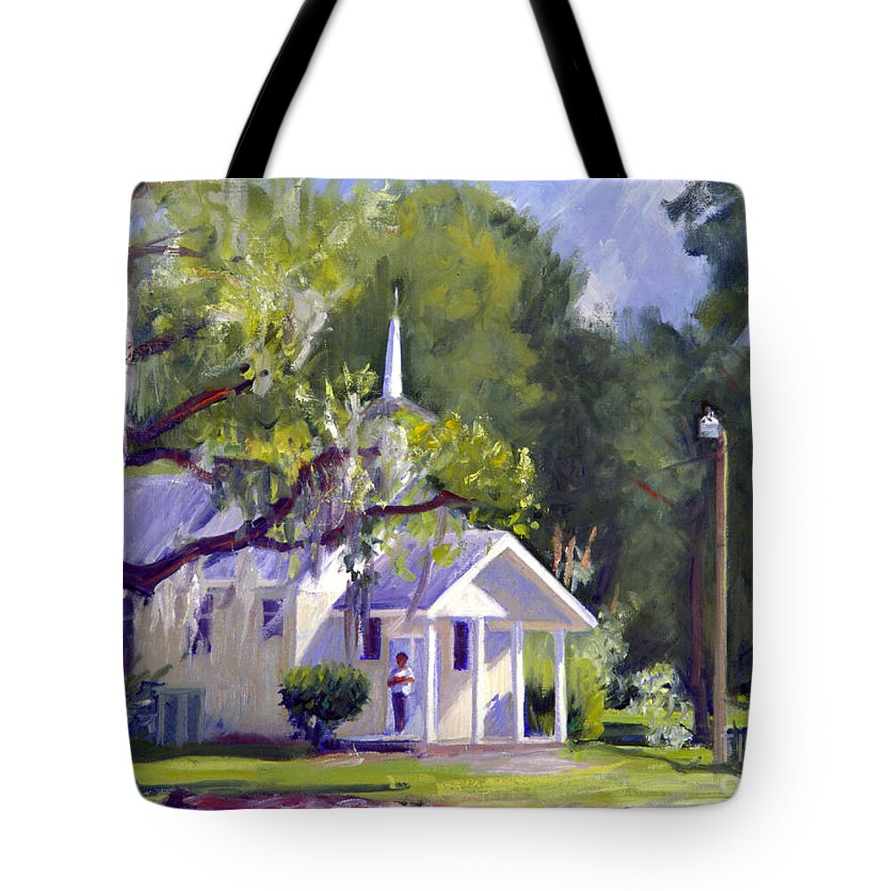  Blue Sky Tote Bag featuring the painting Michelville Church by Candace Lovely