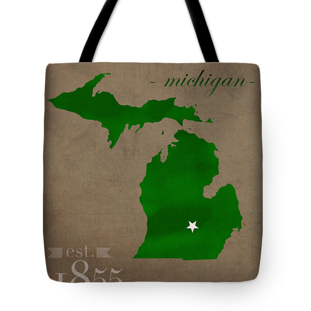 Michigan State University Tote Bag featuring the mixed media Michigan State University Spartans East Lansing College Town State Map Poster Series No 004 by Design Turnpike