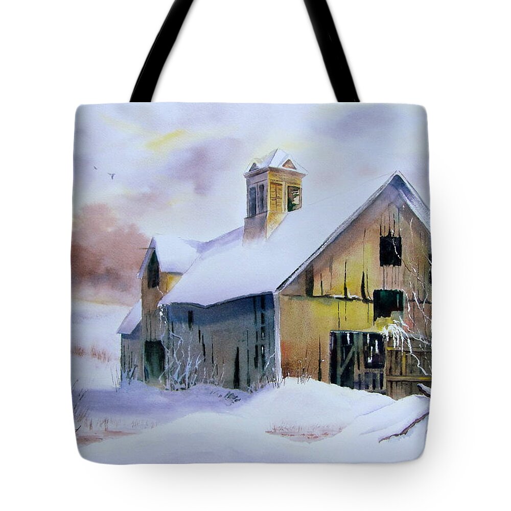 Barn Tote Bag featuring the painting Middlebury Barn in Winter by Amanda Amend