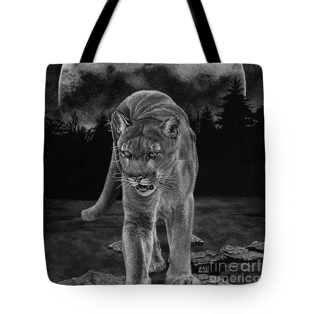Scratchboard Tote Bag featuring the drawing Midnight Patrol by Sheryl Unwin