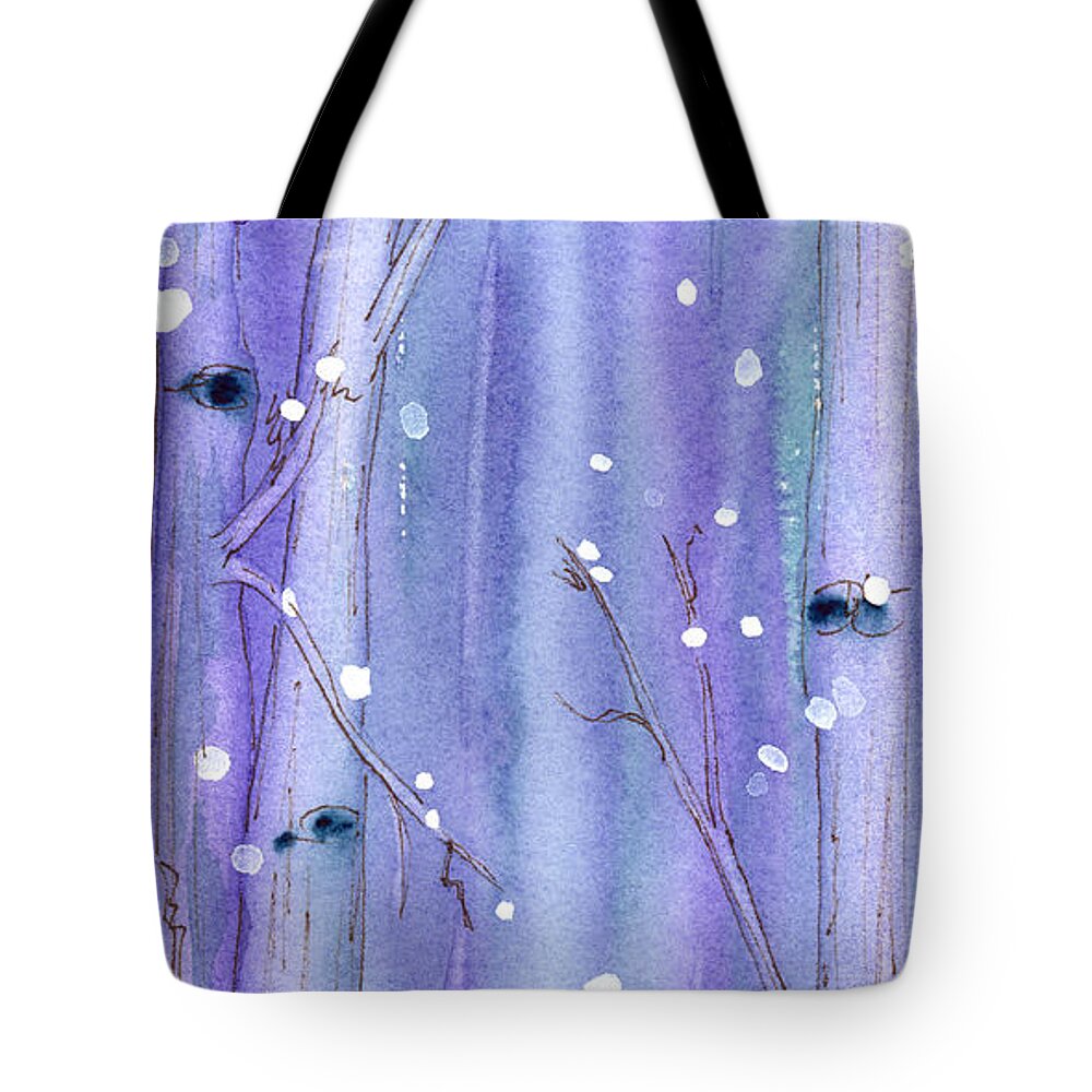 Watercolor Tote Bag featuring the painting Midnight Snow In The Aspens by Dawn Derman