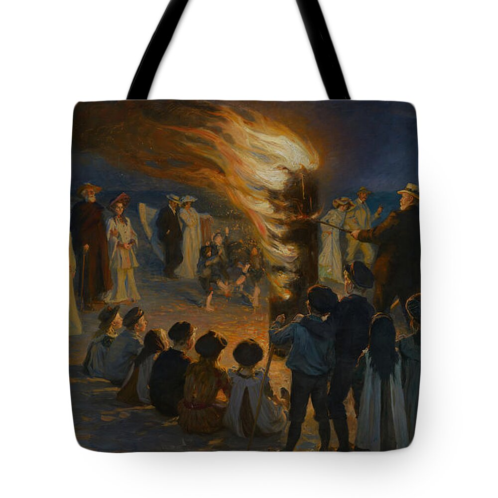 P.s. Kroyer Tote Bag featuring the painting Midsummer Eve Bonfire on Skagen Beach #1 by Celestial Images