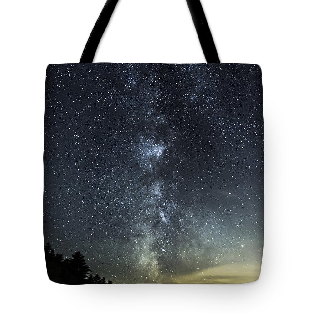 Galactic Center Tote Bag featuring the photograph Milky Way Over Beaver Pond in Phippsburg Maine 2 by Patrick Fennell
