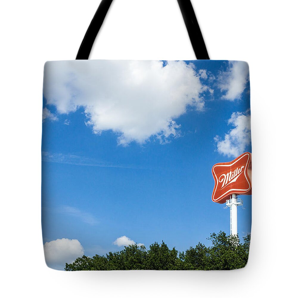 Miller Tote Bag featuring the photograph Miller Brewery Sign by Imagery by Charly