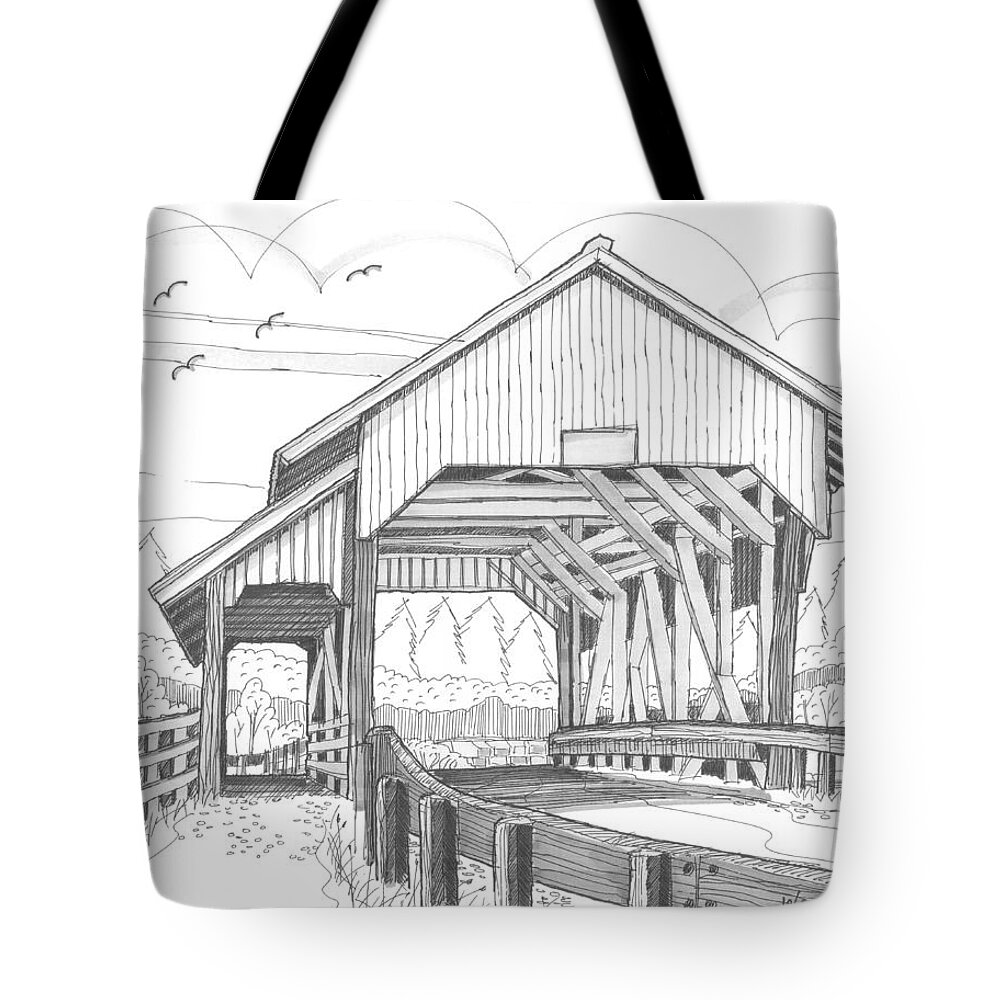 Miller's Run Covered Bridge Tote Bag featuring the drawing Miller's Run Covered Bridge by Richard Wambach