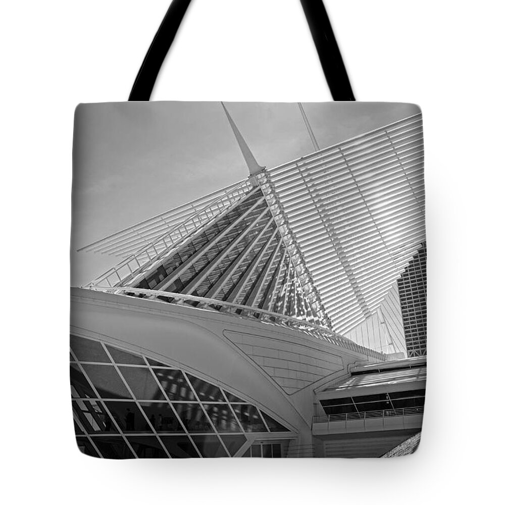 Museum Tote Bag featuring the photograph Milwaukee Art Museum Black and White by Susan McMenamin