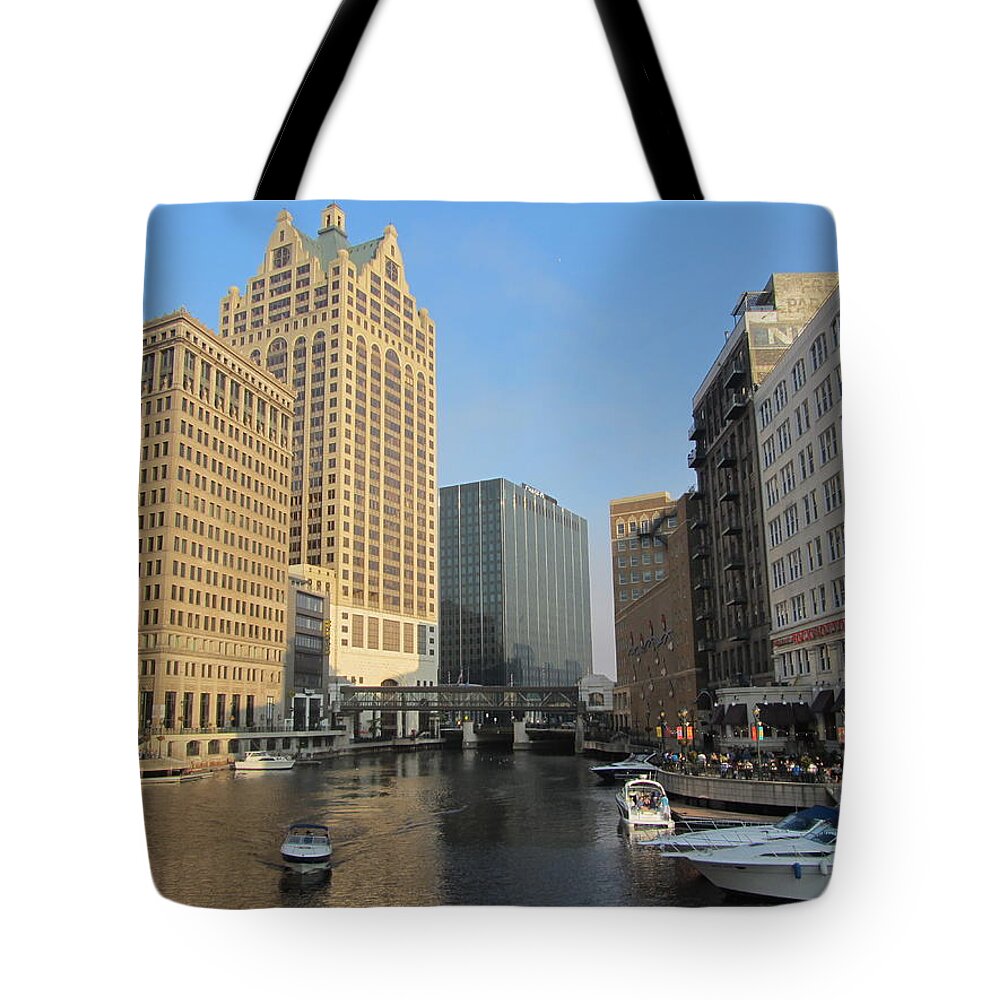Milwaukee Tote Bag featuring the photograph Milwaukee River Theater District 2 by Anita Burgermeister
