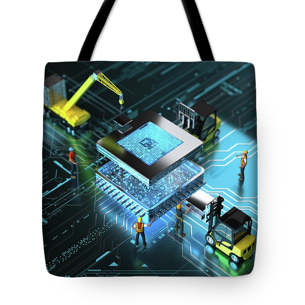 Accuracy Tote Bag featuring the photograph Miniature Workers Building Computer by Ikon Images
