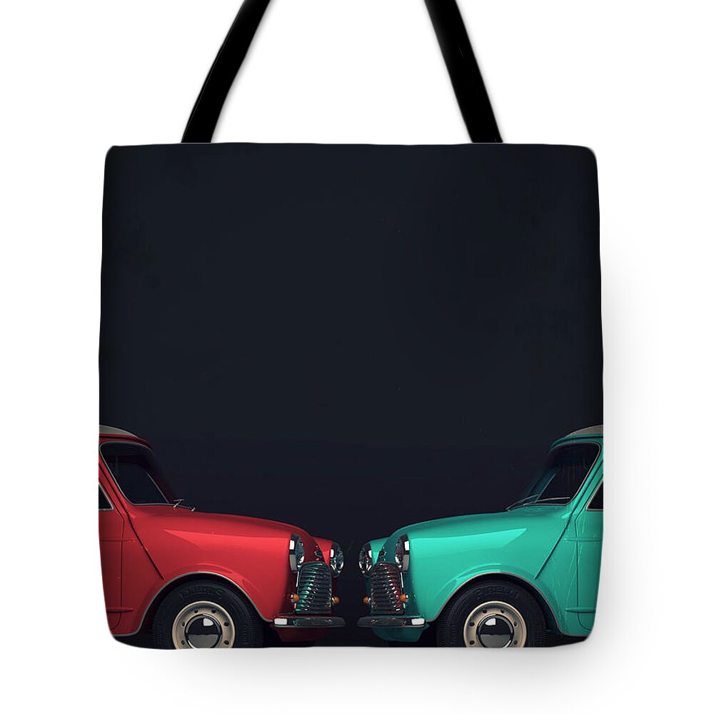 Mini Cooper Tote Bag featuring the digital art Minis Have Feelings Too by Georgia Clare