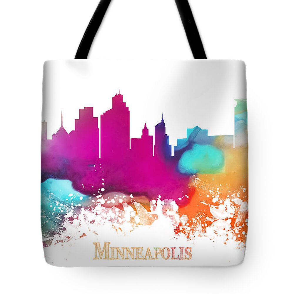 Minneapolis Tote Bag featuring the digital art Minneapolis City colored skyline by Justyna Jaszke JBJart