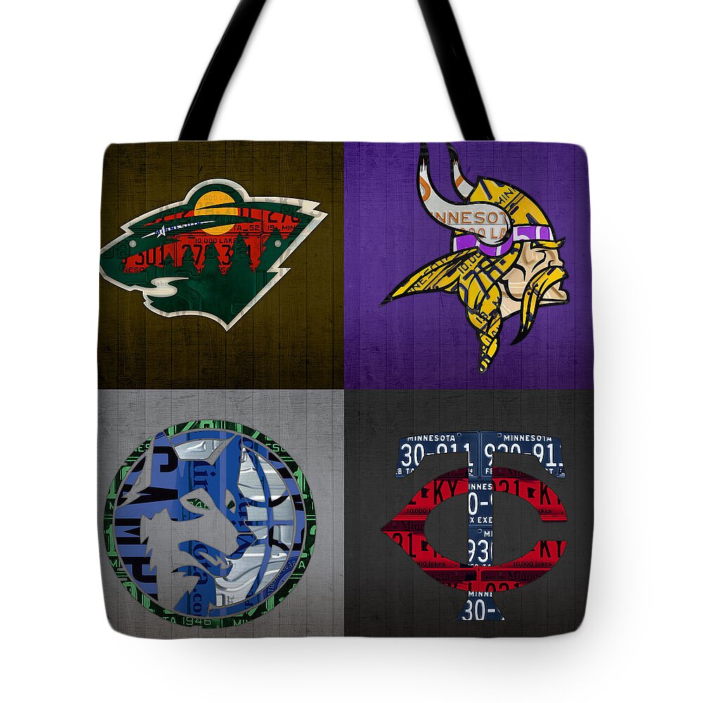 Minneapolis Tote Bag featuring the mixed media Minneapolis Sports Fan Recycled Vintage Minnesota License Plate Art Wild Vikings Timberwolves Twins by Design Turnpike
