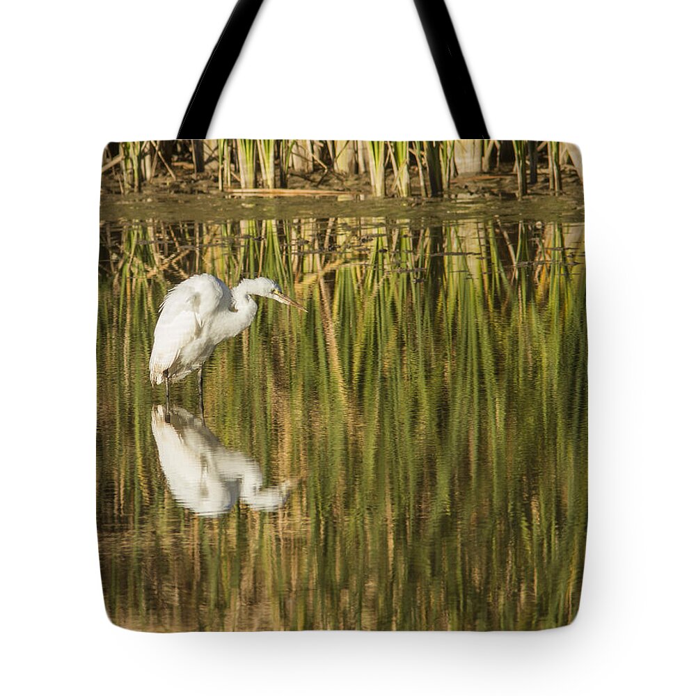 Heron Tote Bag featuring the photograph Mirrored White Egret by Jean Noren