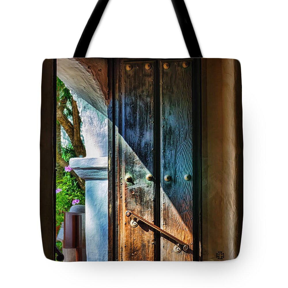 California Mission Tote Bag featuring the photograph Mission Door by Joan Carroll