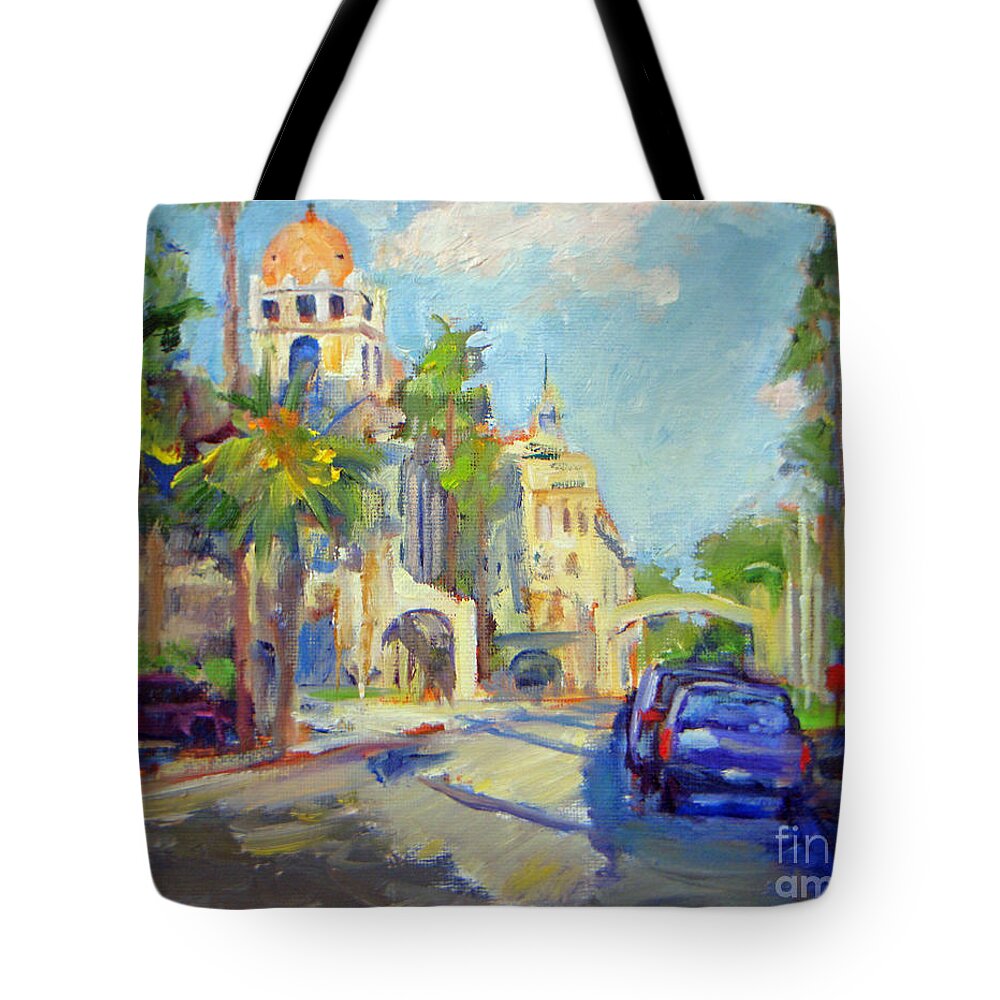 Joan Coffey Tote Bag featuring the painting Mission Inn View On Sixth Street by Joan Coffey