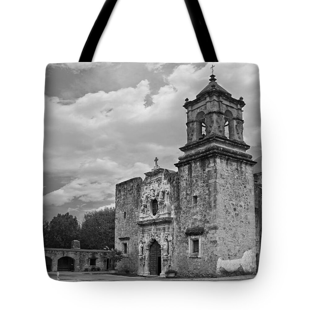 Mission San Jose Bw Tote Bag featuring the photograph Mission San Jose BW by Jemmy Archer