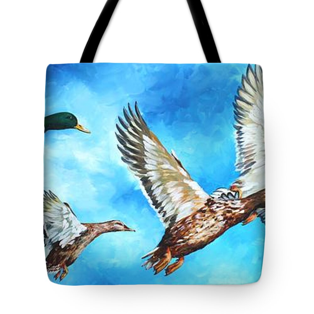 Mallards Tote Bag featuring the painting Mississippi Mallards in Flight by Karl Wagner