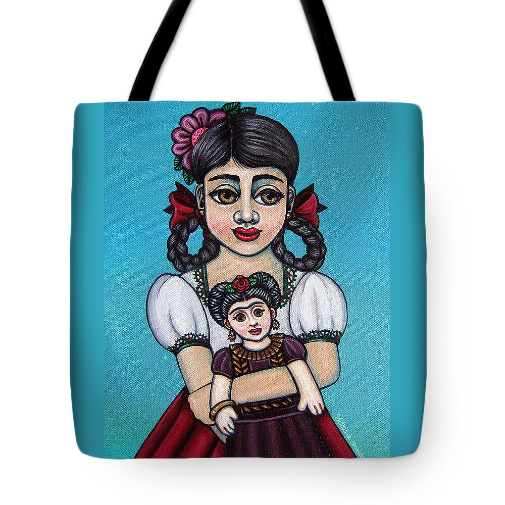 Frida Tote Bag featuring the painting Missy Holding Frida by Victoria De Almeida