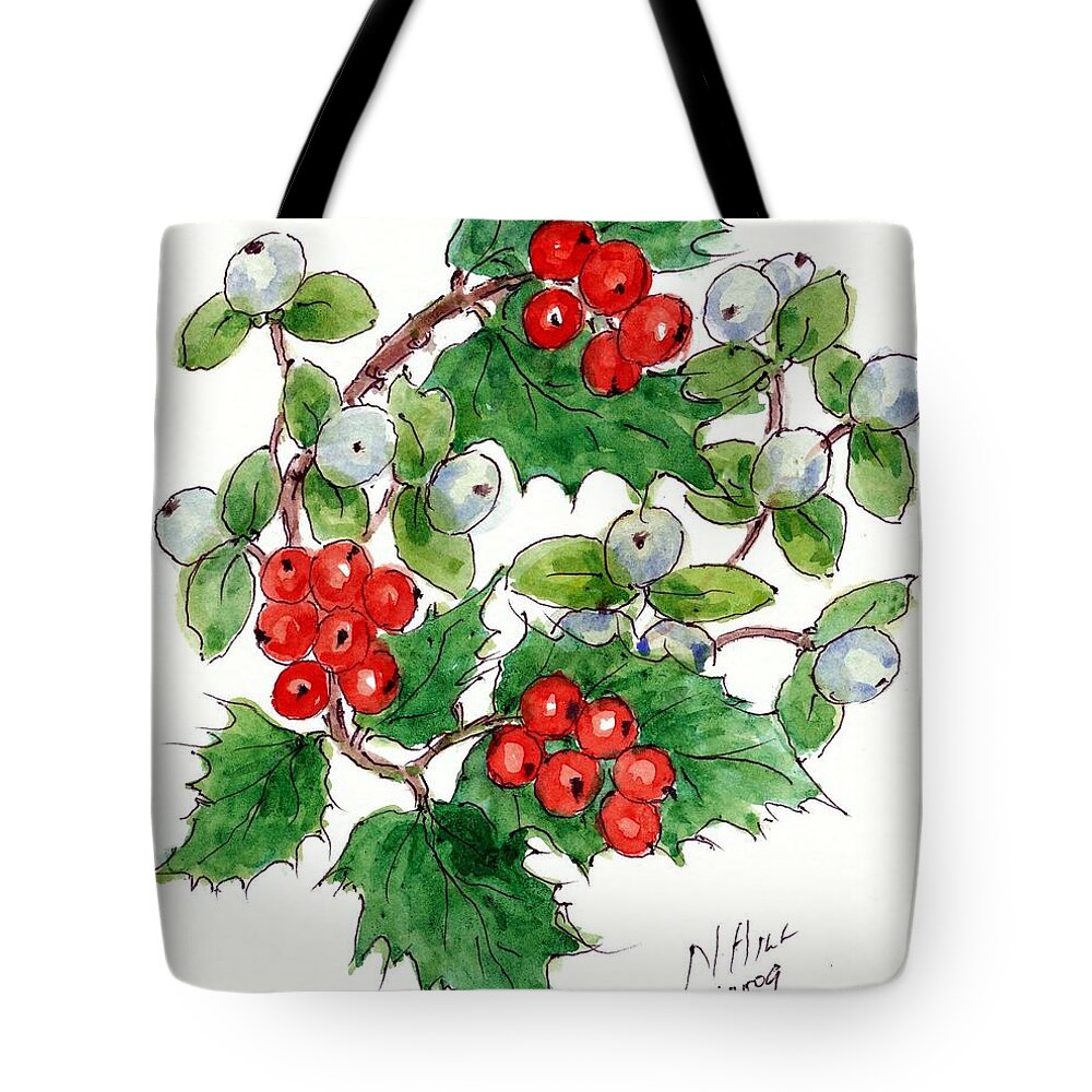 Berries Tote Bag featuring the painting Mistletoe and Holly Wreath by Nell Hill