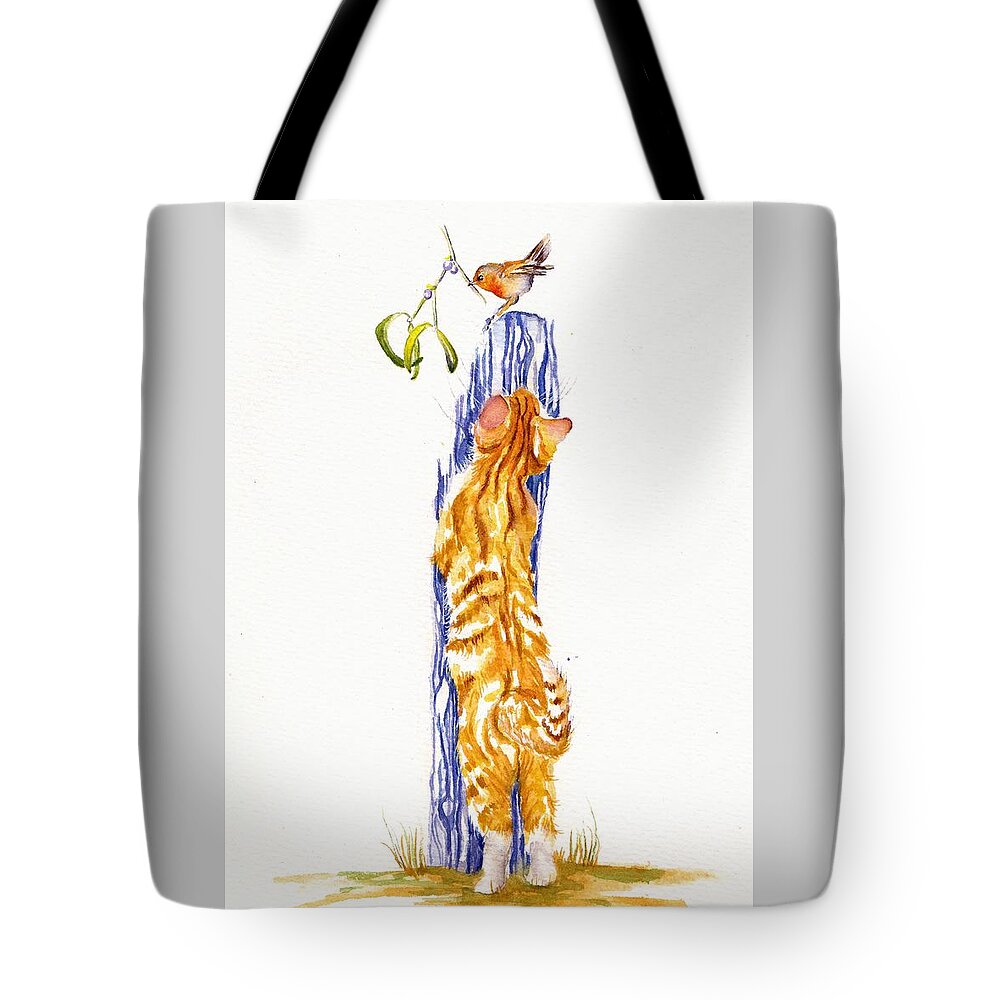 Cat Tote Bag featuring the painting Mistletoe - Stretching Ginger Kitten by Debra Hall