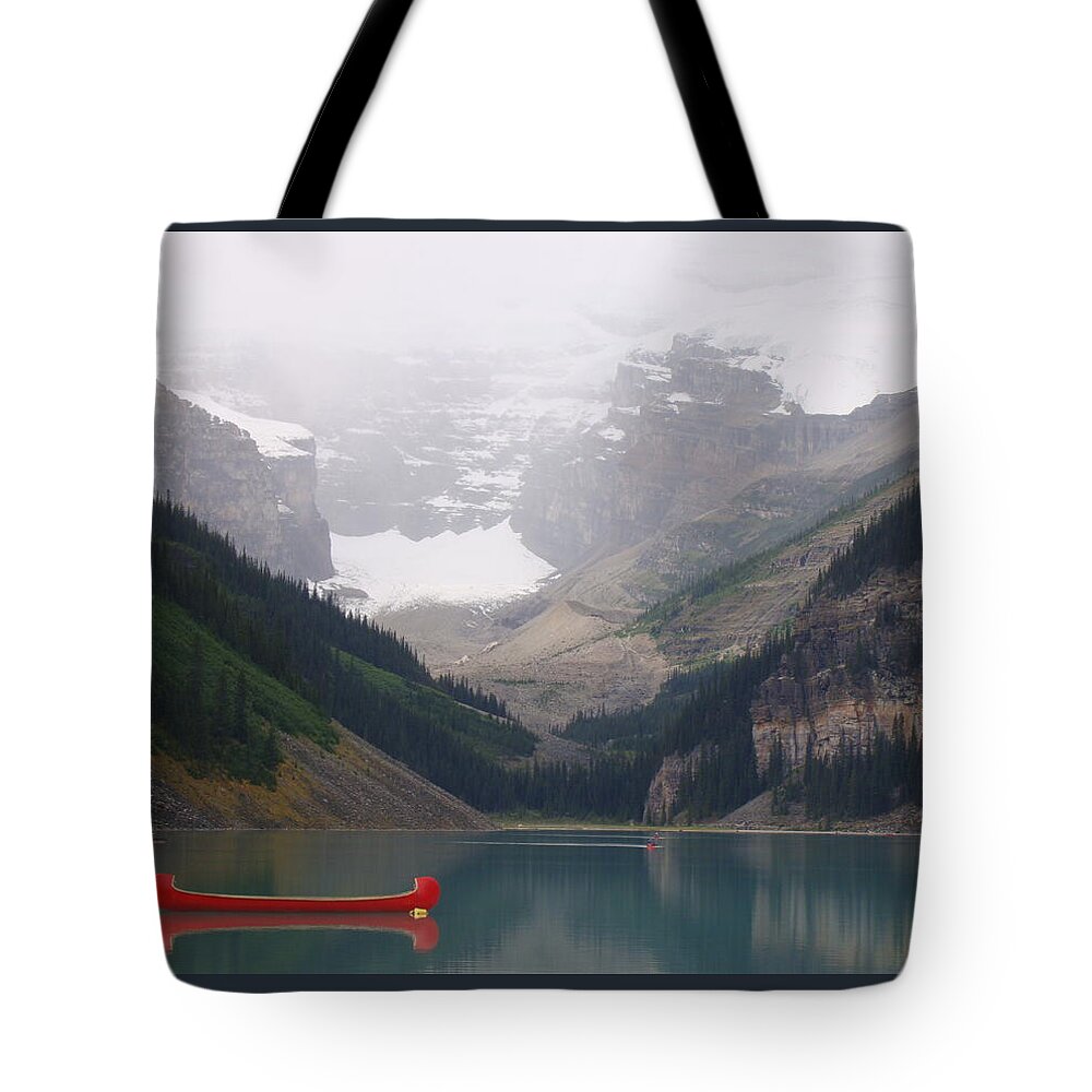 Canoe Tote Bag featuring the photograph Misty Victoria Glacier Canoe - Lake Louise, Alberta Canada by Ian McAdie