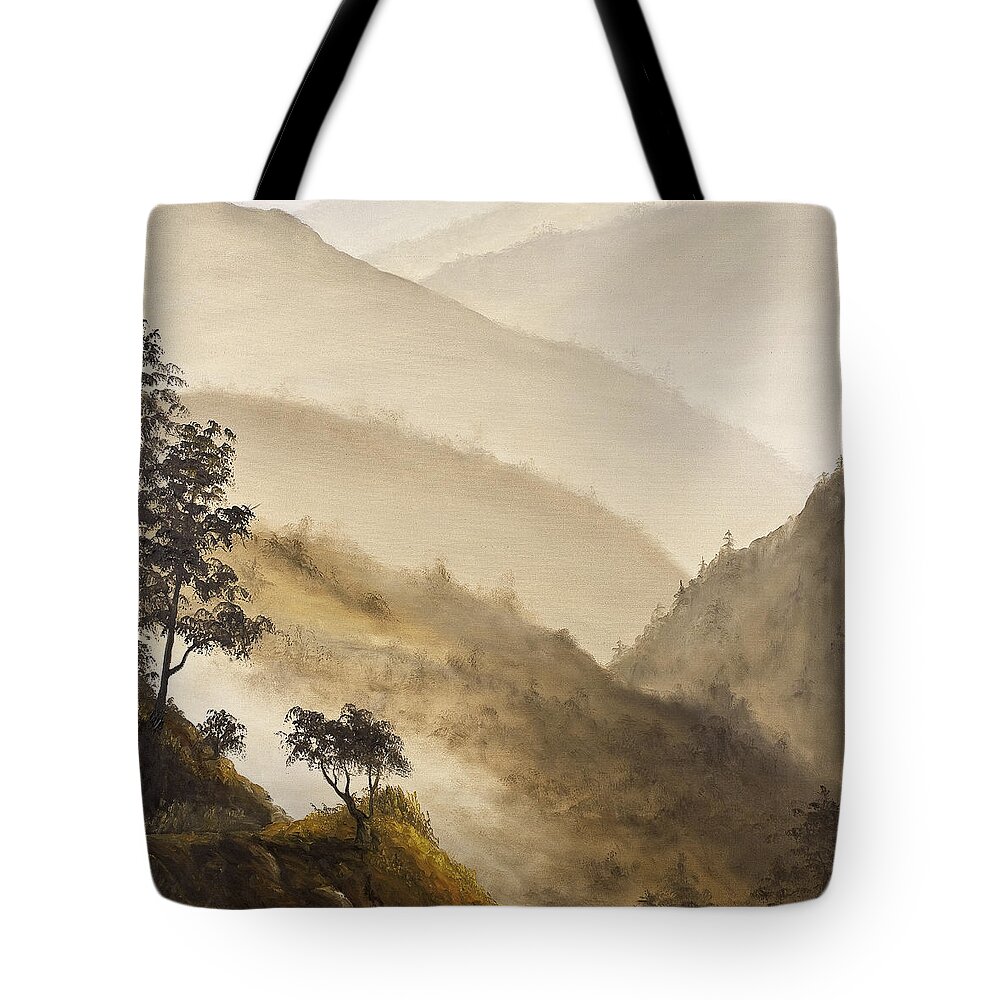 Landscape Tote Bag featuring the painting Misty Hills by Darice Machel McGuire