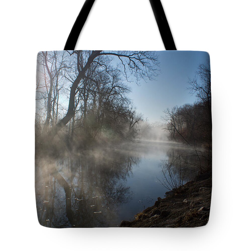 Fog Tote Bag featuring the photograph Misty Morning along James River by Jennifer White