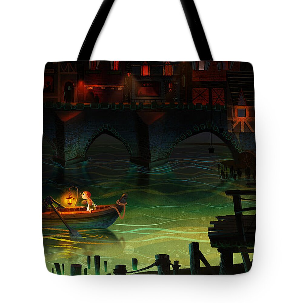 Boat Tote Bag featuring the painting Misty Night by Kristina Vardazaryan