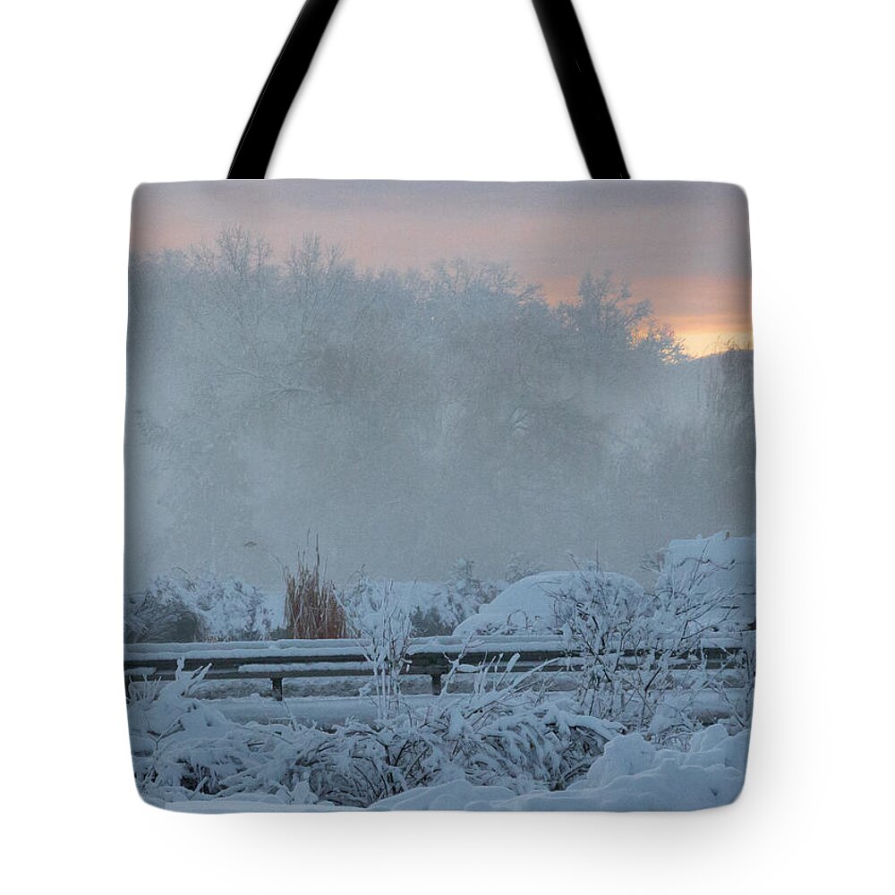 Thanksgiving Tote Bag featuring the photograph Misty Snow Morning by Richard Goldman