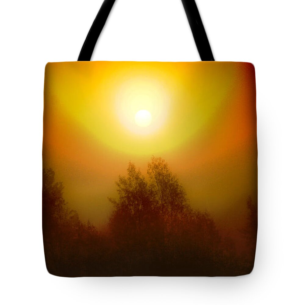 Sunrise Tote Bag featuring the photograph Misty Sunrise by David Yocum