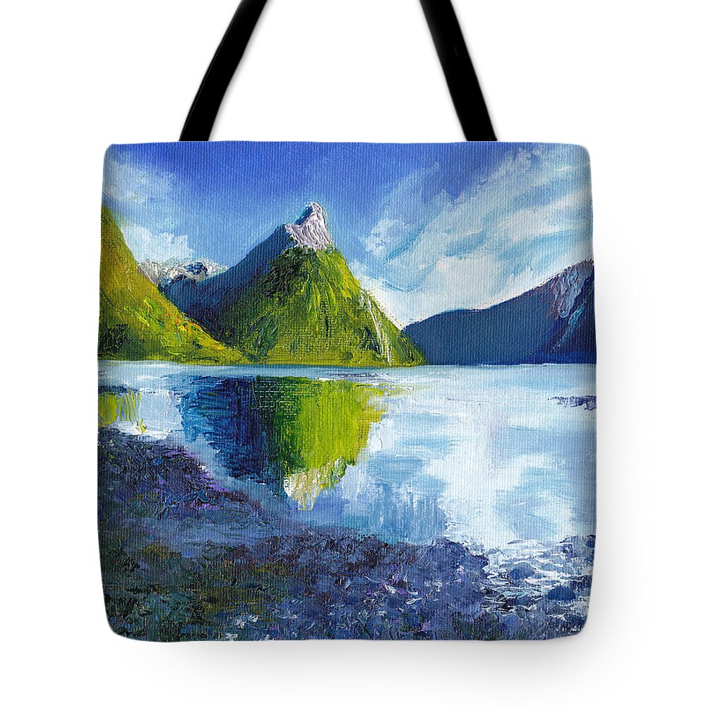 Sound Tote Bag featuring the painting Mitre Peak on Milford Sound in New Zealand by Dai Wynn
