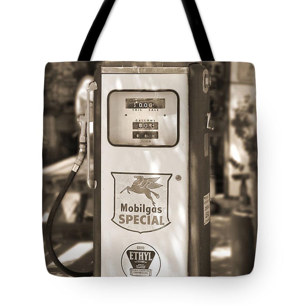 Route 66 Tote Bag featuring the photograph Mobilgas Special - Tokheim Pump - Sepia by Mike McGlothlen