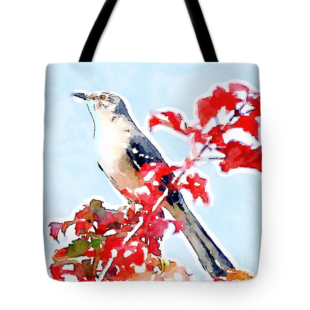 Mockingbird Tote Bag featuring the photograph Mockingbird In the Leaves - Watercolor by Kerri Farley