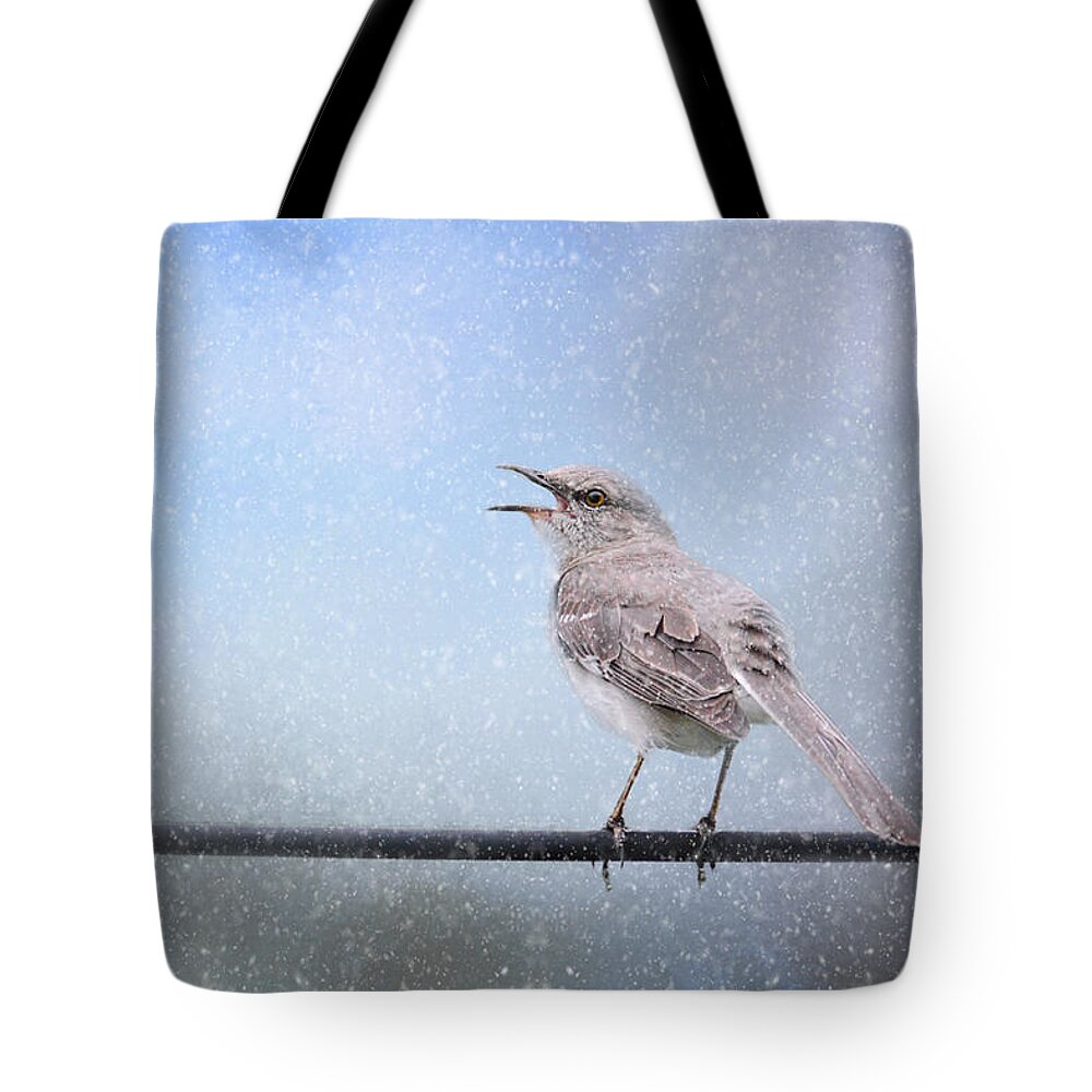 Jai Johnson Tote Bag featuring the photograph Mockingbird In The Snow by Jai Johnson