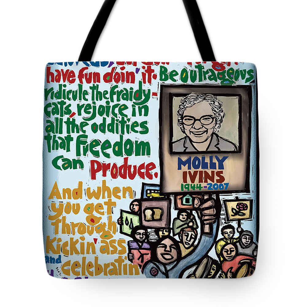Molly Ivins Tote Bag featuring the mixed media Molly Ivins by Ricardo Levins Morales