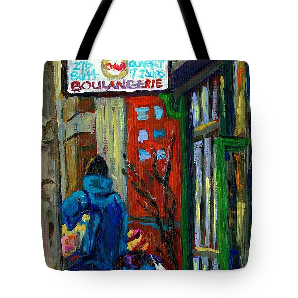 St.viateur Bagel Tote Bag featuring the painting Mom And Tot Winter Walk For Bagels Montreal Paintings Canadian Art Snowscenes Carole Spandau by Carole Spandau