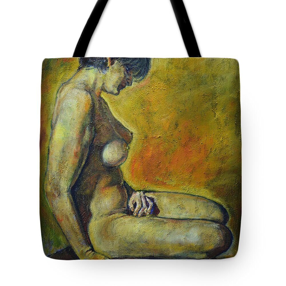 Woman Tote Bag featuring the painting Moment of Silence by Raija Merila