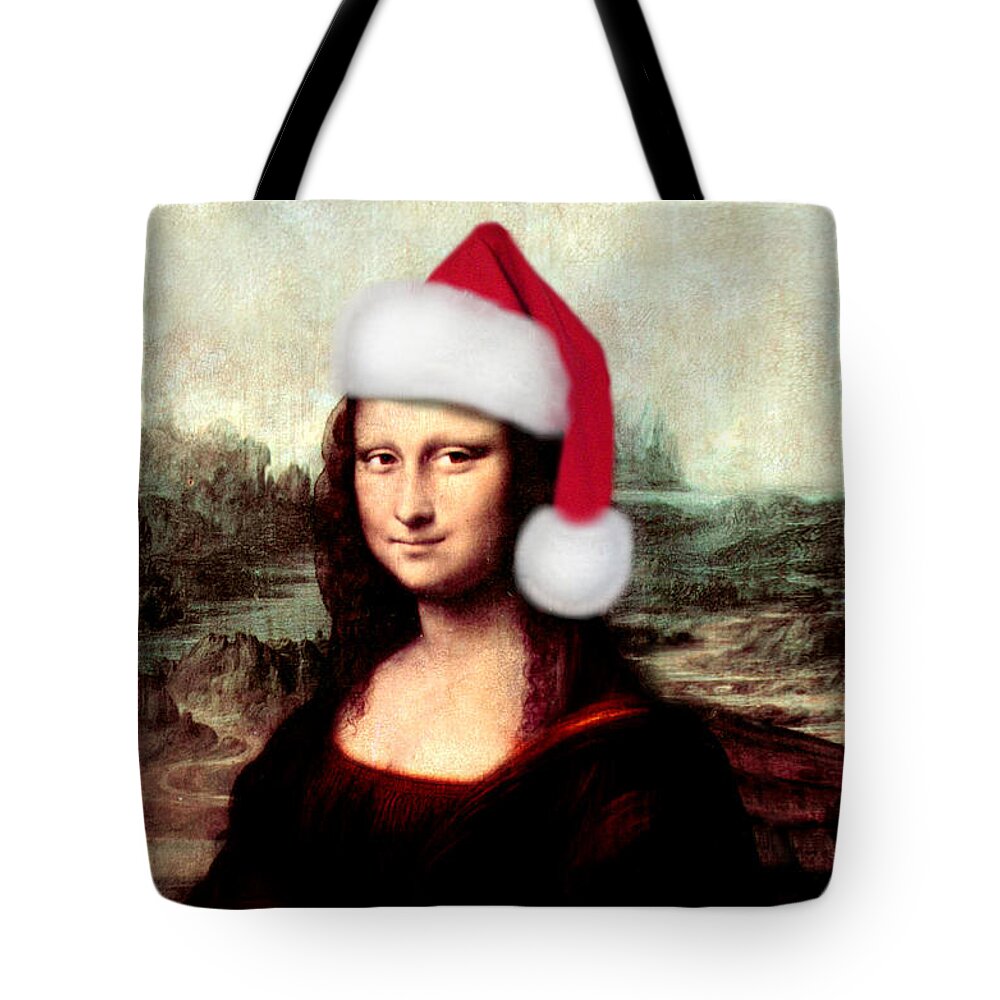 Mona Lisa Tote Bag featuring the digital art Mona Lisa With Santa Hat by Gravityx9 Designs
