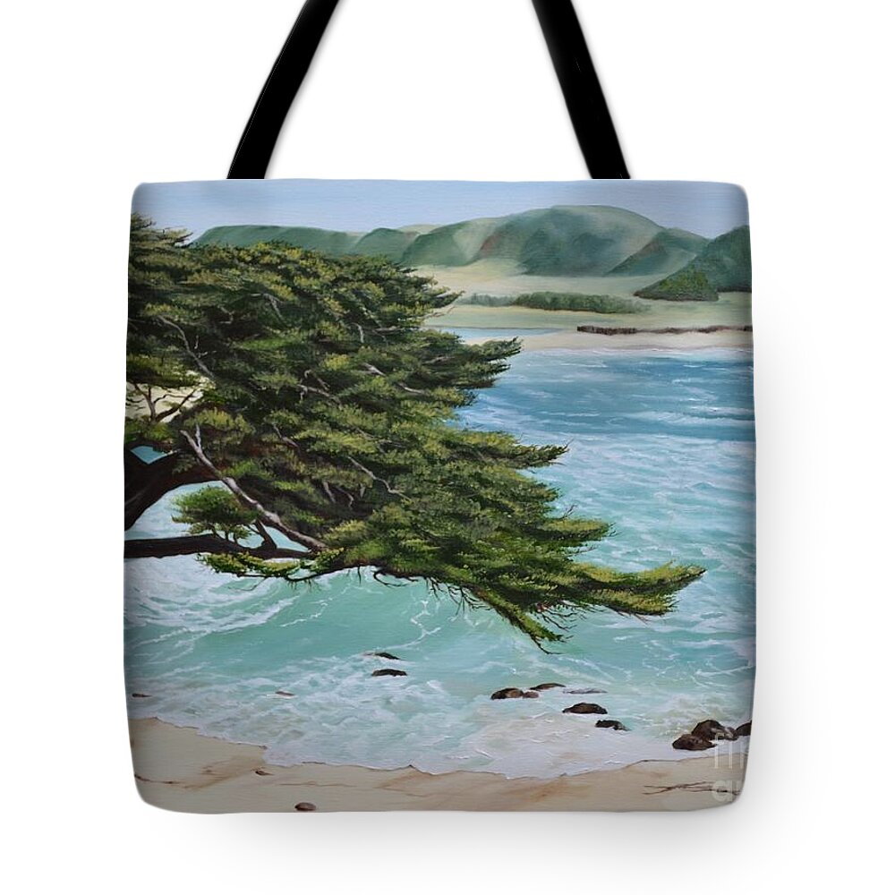 Beach Tote Bag featuring the painting Monastery Beach by Mary Rogers