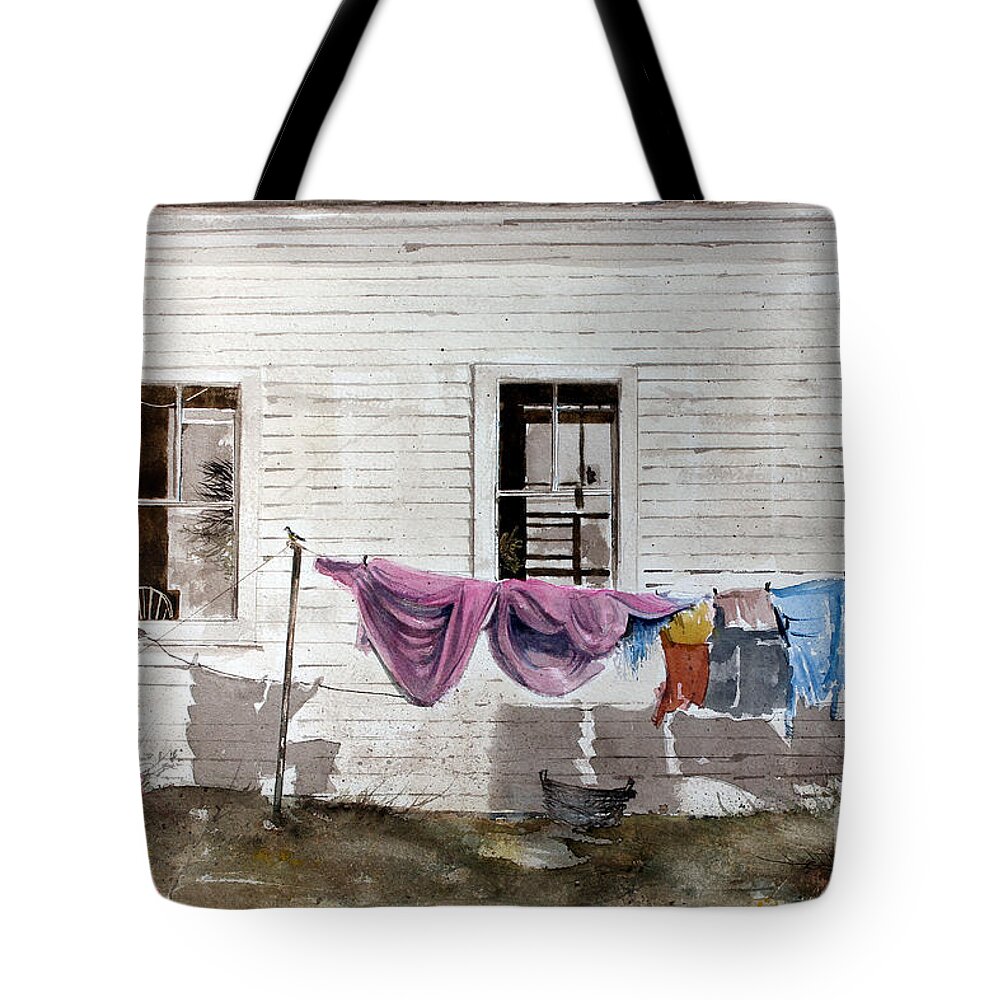A Colorful Clothesline Is Contrasted Against A Weathered Siding House In Ellsworth Tote Bag featuring the painting Monday by Monte Toon